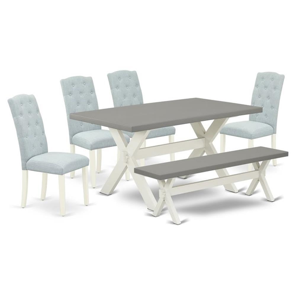 East West Furniture X096Ce215-6 6 Piece Dining Table Set Contains A Rectangle Kitchen Table With X-Legs And 4 Baby Blue Linen Fabric Upholstered Chairs With A Bench, 36X60 Inch, Multi-Color